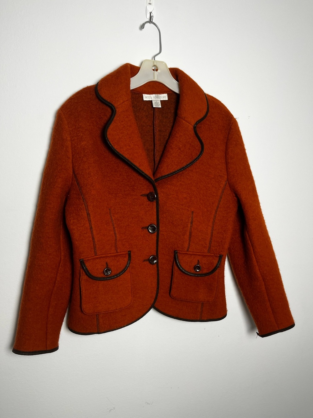 Petite Sophisticate Rust Brown Wool Blazer with Black Piping